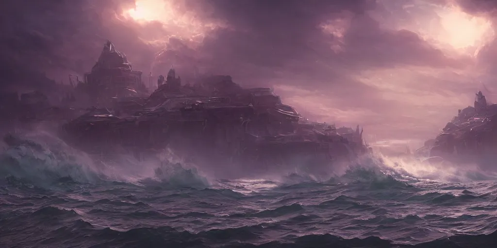 Image similar to a submerged city by james paick, big waves, matte painting, 3 5 mm lens, early morning sunrise, dramatic lighting, cinematography, game environment design, cinematic, global illumination, highly detailed, trending on artstation, deviant art, bloom