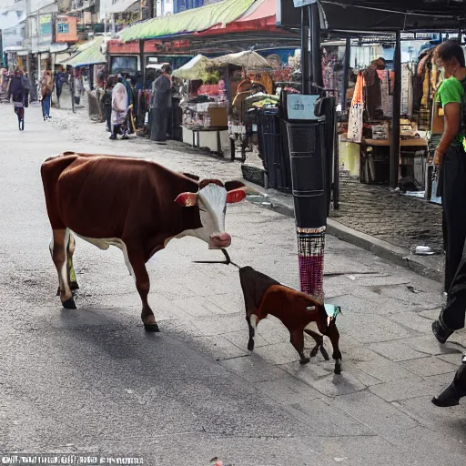 Image similar to a cow steals wine from a market stall. one of the bottles breaks spilling its contents on the street. a guard is going after the cow