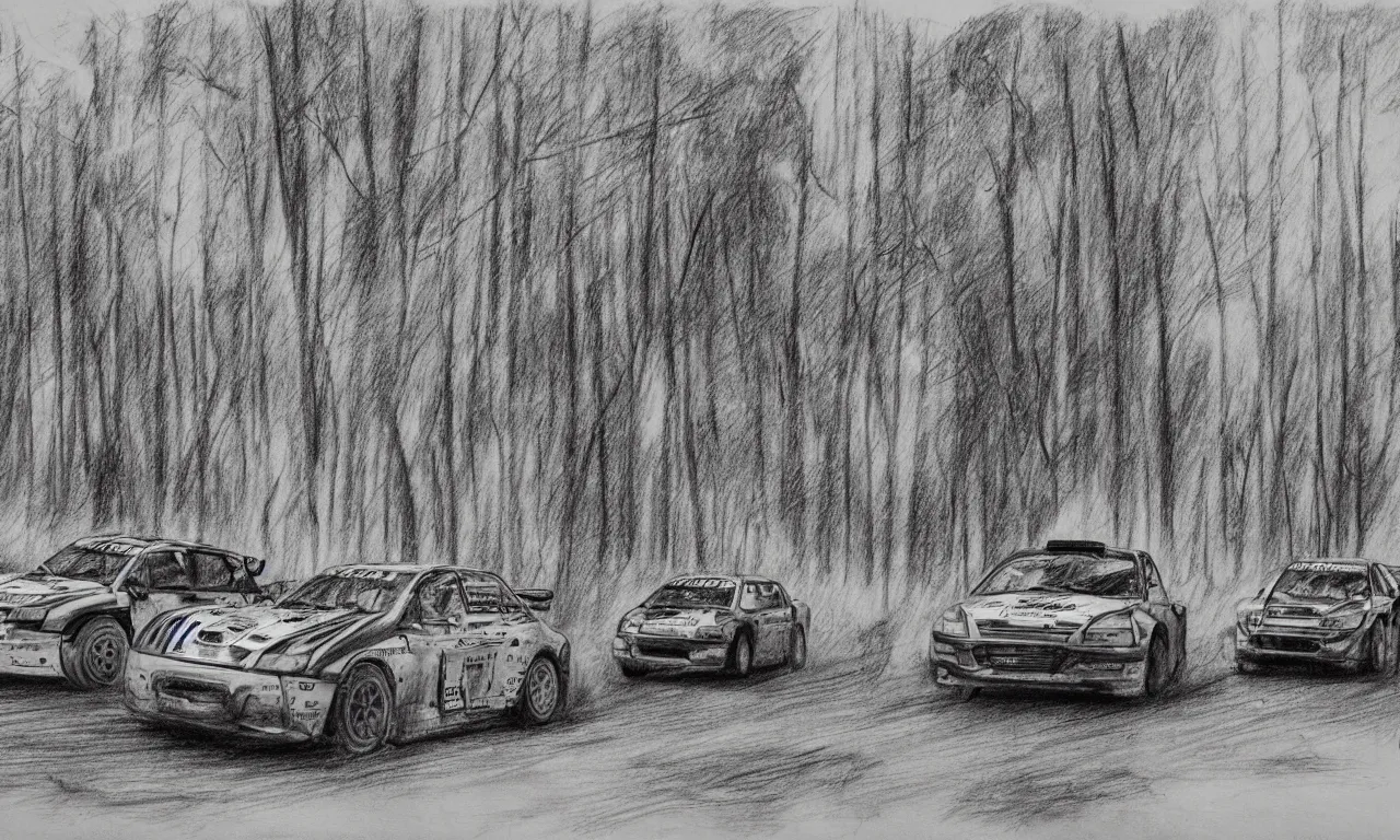 Prompt: 3 rally cars racing through a forest with a river behind them, sun shining through the trees, pencil sketch,