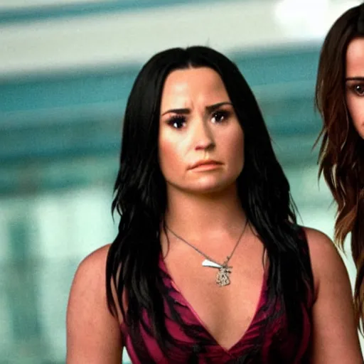 Image similar to close-up of Demi Lovato as Piper Halliwell and Selena Gomez as Phoebe Halliwell and Ariana Grande as Prue Halliwell in a Charmed movie directed by Christopher Nolan, movie still frame, promotional image, imax 35 mm footage