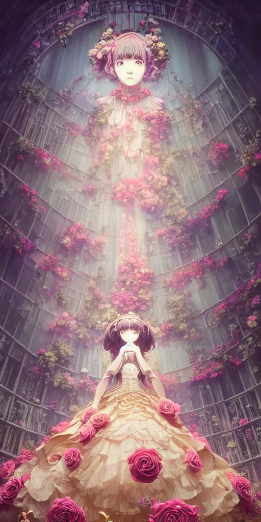 Prompt: the beautiful hyperdetailed physical rendering of a rose wedding gothic lolita dress clothing design display in exhibition hall, exhibition hall lighting, in the style of makoto shinkai victo ngai and peter mohrbacher studio ghibli artgerm karol bak beeple, surrealistic style, close range, 8 k hd, 3 drender