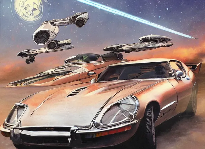 Prompt: ( ( ( ( ( 1 9 8 2 pontiac trans am, jaguar e - type, car concept art, sci - fi illustration, painting ) ) ) ) ) by vincent di fate and john berkey and star wars and the rocketeer!!!!!!!