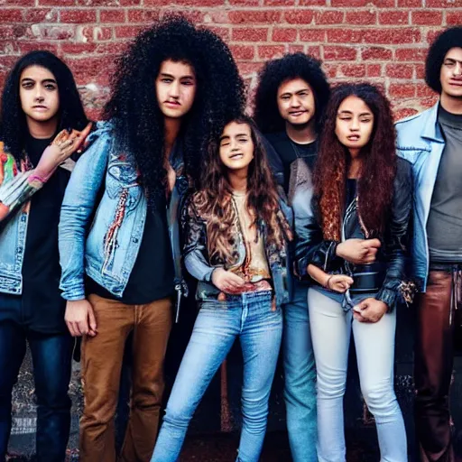 Prompt: Group of ethnically diverse 19-year-old boys and girls with long permed wavy brown hair and afros leather jacket and denim jeans, holding electric guitars, 2022, stoner rock, heavy rock, concert, live in concert, HD photography