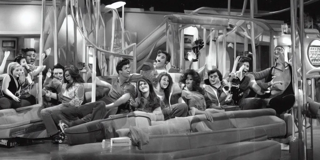 Image similar to 1990s photo of inside the Friends Show roller coaster at Universal Studios in Orlando, Florida, riding a sofa roller coaster through the Friends apartments , cinematic, UHD