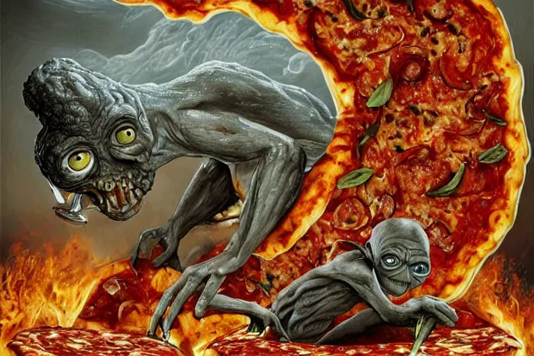 Prompt: a highly detailed gollum making pizza! using a blowtorch!, a volcano in the background is spewing black smoke, with streams of hot lava flowing, post - apocalyptic vibe, full body, wide angle, an ultrafine detailed painting by joe fenton, trending on deviantart, pop surrealism, whimsical, lowbrow, perfect symmetrical face, sharp focus, octane, masterpiece