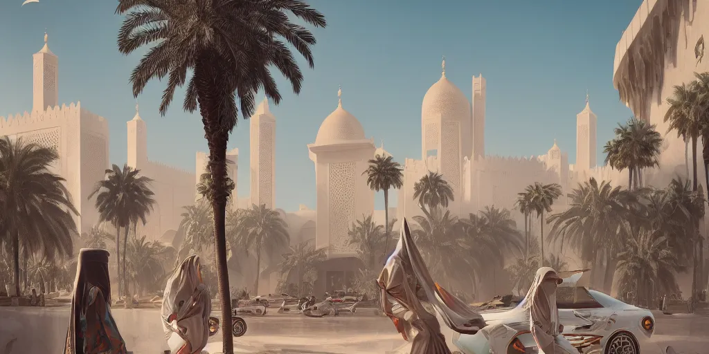 Image similar to Futuristic Morocco, palm trees , Moroccan mosque ,WLOP, flying cars ,James Jean, tom bagshaw, rococo, trending on artstation, fantasy, intricate, elegant, highly detailed, digital painting, concept art, smooth, illustration, cinematic lighting, hyper realism, octane render, 8k, hyper detailed.