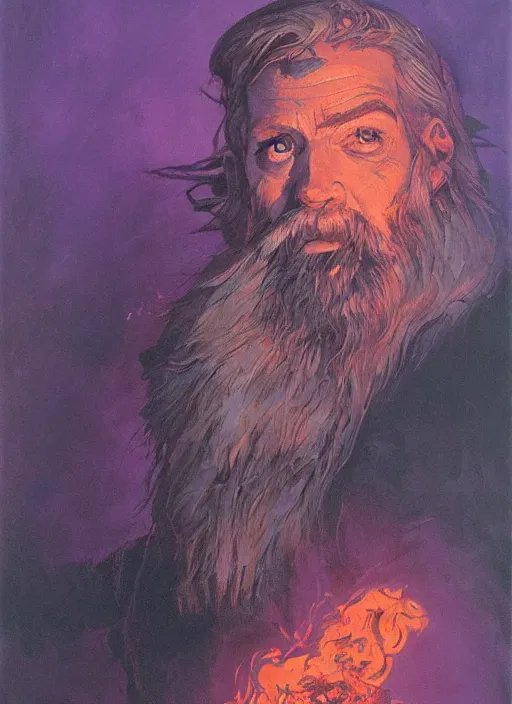 Image similar to portrait of grizzled sailor on sea of purple flame, coherent! by brom, deep color, strong line, high contrast