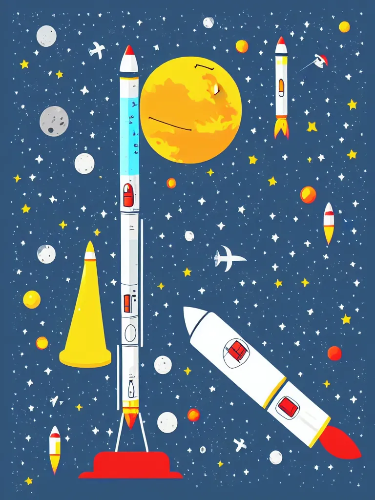 Image similar to editorial illustration scientific lab test tube telescope microscope astronaut rocket, colorful modern, mads berg