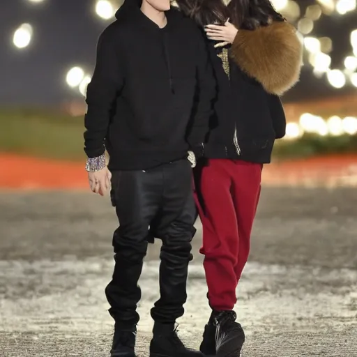 Image similar to justin bieber and selena gomez finally reunited in love in front of a lake during christmas at night