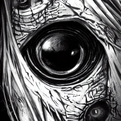 Image similar to a close up image of an eye of the watcher, eerie, black color scheme, horror, highly detailed, artstation, cgsociety