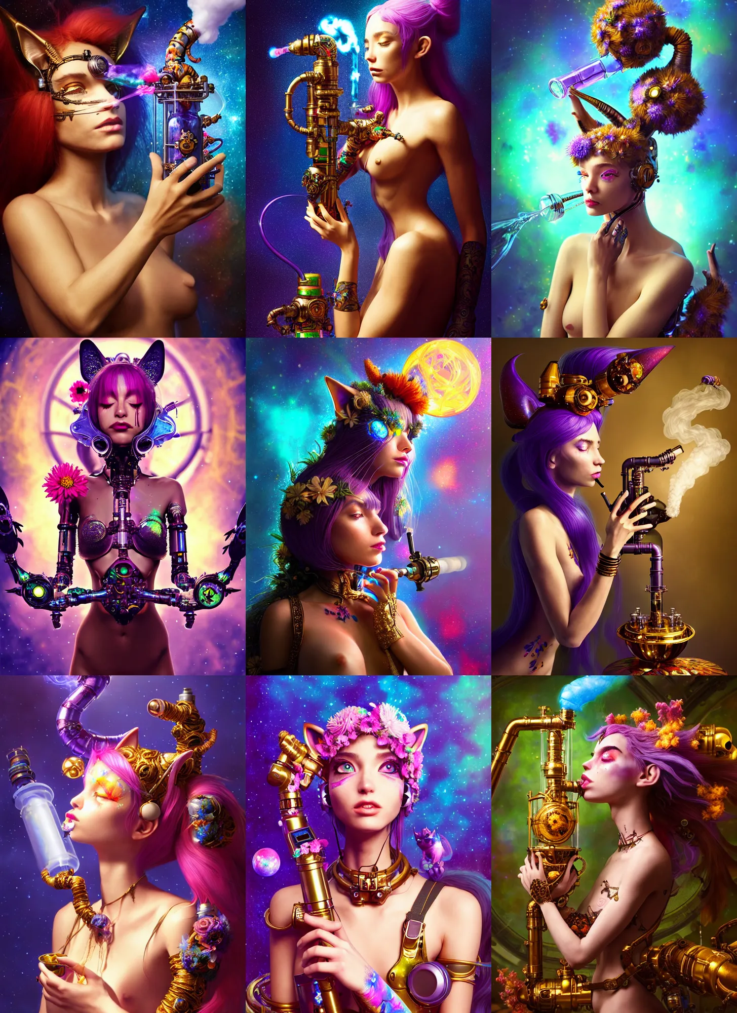 Prompt: polished lush galactic catgirl ornate floral edm cyborg smoking from an elaborate waterpipe : : weta disney pixar movie still photo : : hi - fructose, sci fi, decadent highly - detailed digital painting, golden ratio, octane render, artstation, smooth, sharp focus, artgerm mucha, loish, wlop : :