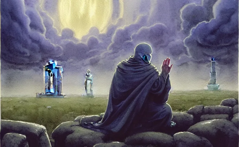 Prompt: a hyperrealist watercolour character concept art portrait of a grey medieval monk kneeling down in prayer in front of a tall grey alien structure built on top of stone henge on a misty night. by rebecca guay, michael kaluta, charles vess and jean moebius giraud