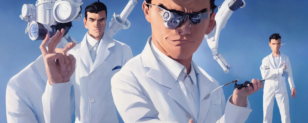 Prompt: stoic heroic emotionless butch young man scientist with short slicked - back hair, making an experiment - wearing white suit, wearing jetpack, digital art, solid white background, behance hd by jesper ejsing, by rhads, makoto shinkai and lois van baarle, ilya kuvshinov, rossdraws global illumination.