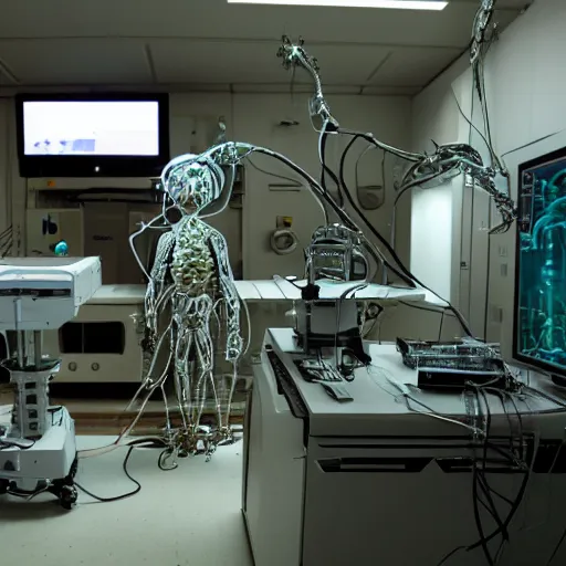 Prompt: a mri 3 d printer machine and control panels in the laboratory inspection room making a cybernetic symbiosis, cybernetic mech cat, organic ceramic fractal forms, golden hour lighting, film still from the movie directed by denis villeneuve with art direction by wayne barlowe and salvador dali, wide lens,