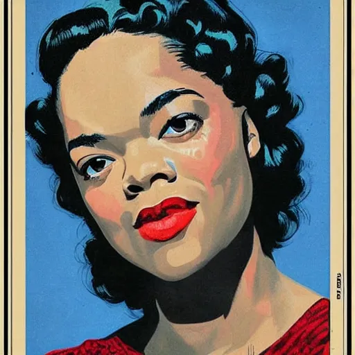 Image similar to “Tessa Thompson portrait, color vintage magazine illustration 1950”