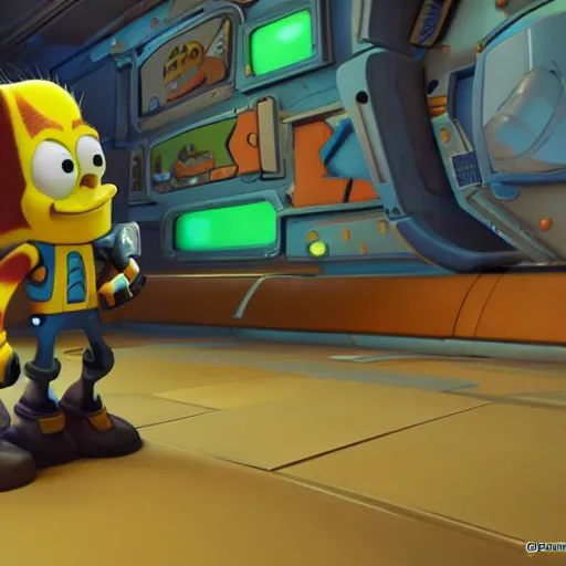 Prompt: ratchet and clank in 3d style meeting spongebob in 2d style