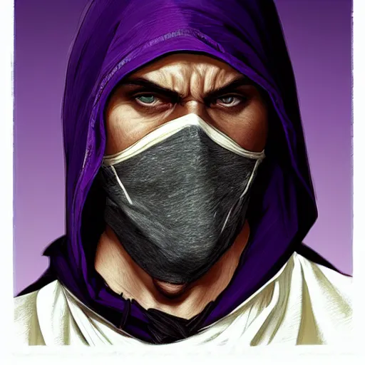 Image similar to ultra realistic illustration, man in a black hood, in a striped purple balaclava, mysterious, highly detailed, digital painting, artstation, concept art, smooth, sharp focus, illustration, art by artgerm and greg rutkowski and alphonse mucha