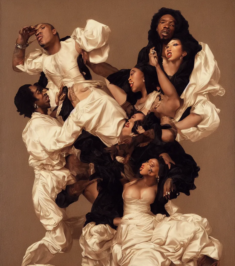 Image similar to portrait of cardi b and offset in the style of roberto ferri