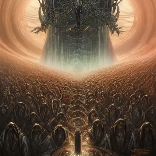 Prompt: a highly advanced quantum computer!!! a dark cabal of multiple hooded elven mystics in long robes gathered in a circular formation around a quantum computer, advanced technology, dan seagrave, michael whelan art, beautifully detailed epic scifi art, symmetrical, cgsociety, artstation