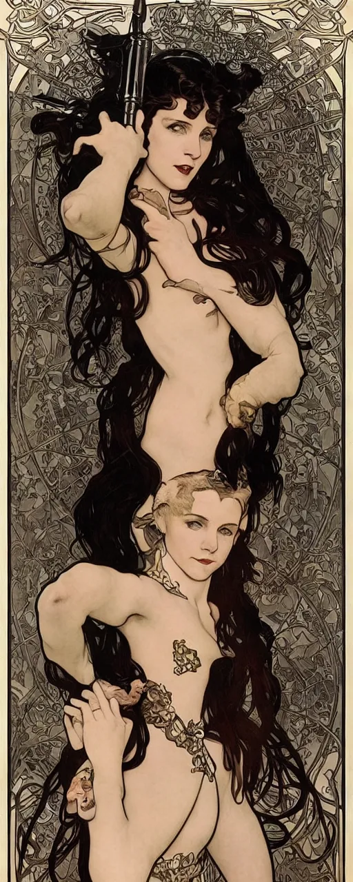 Image similar to striking sensual industrial art nouveau style portrait of kitty pryde as a norwegian black metal singer by michael kaluta, simon bisley and alphonse mucha, photorealism, extremely hyperdetailed, perfect symmetrical facial features, perfect anatomy, ornate declotage, weapon, latex, excited expression, wild eyes