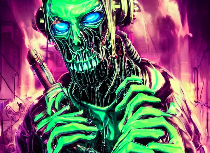 Prompt: neo-futuristic cyberpunk undead zombie men at a neon rave, by kelley jones, cyberhorror-punk, stunning, horror art, dark tones, #film, cgsociety, scary, creepy, wow, artstation, 8k, high gloss::Horror, ultra detailed, character art, concept art, DnD art, cinematic detailed, nightmare machine, godmachine, trending on artstation, unreal engine 5 rendering, cinematic, greig fraser cinematography, epic composition