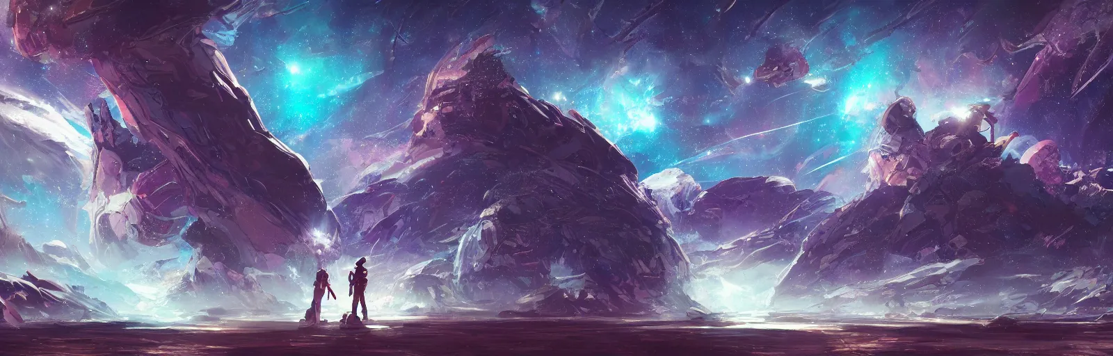 Image similar to concept art of an alien outer space galaxy, open expanse, stars, meteorites, floating debris, beautiful, fantasy, colorful, cinematic lighting, artstation, trending, highly detailed, focus, smooth, by studio ghibli, rossdraws, hirohiko araki, conrad roset, yoshitaka amano