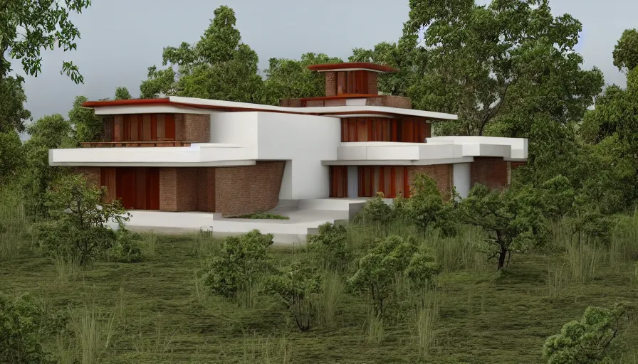 Prompt: modern temple house inspired by tibetan architecture, on a green hill between trees, frank lloyd wright, realistic render, birdseye view