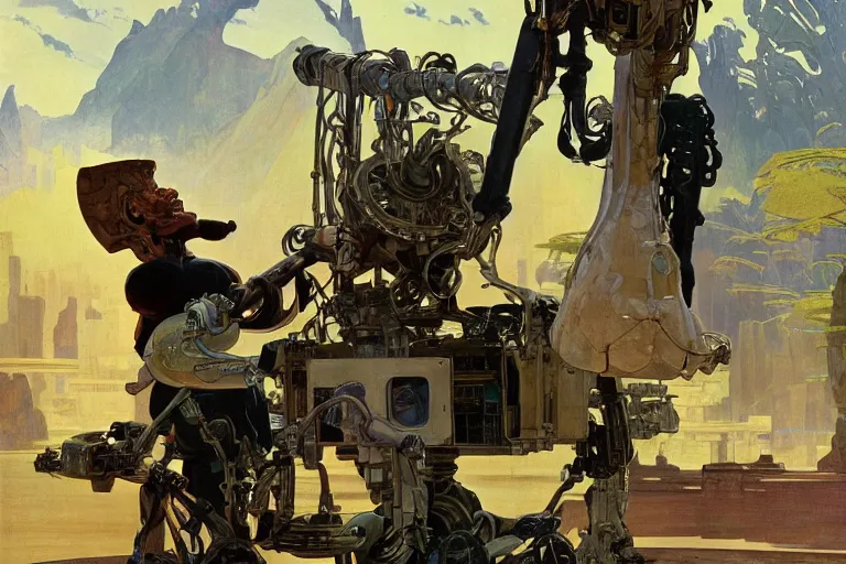 Image similar to natural landscape | robot repairing another robot, painting by syd mead and weta studio, alphonso mucha, james jean, frank frazetta, highly detailed, rule of third, soft lighting, 8 k resolution, oil on canvas, architectural magazine, beautiful detailed, insanely intricate details, artstation trending, hypermaximalistic, high details, cinematic