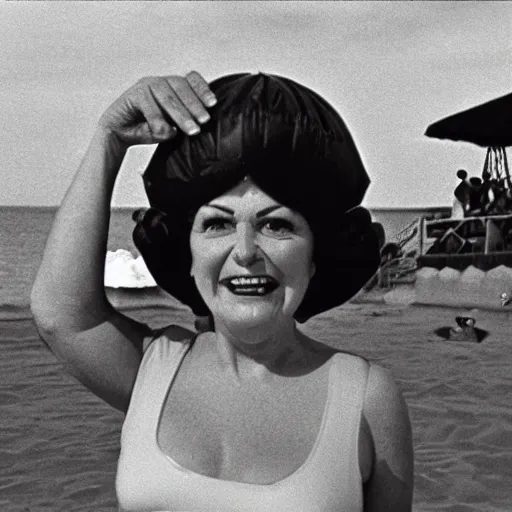 Prompt: middle aged woman with an inflatable toy head on top of her head wearing a dress at the seaside 1976 French film archival footage technicolor film expired film 16mm new wave John Waters