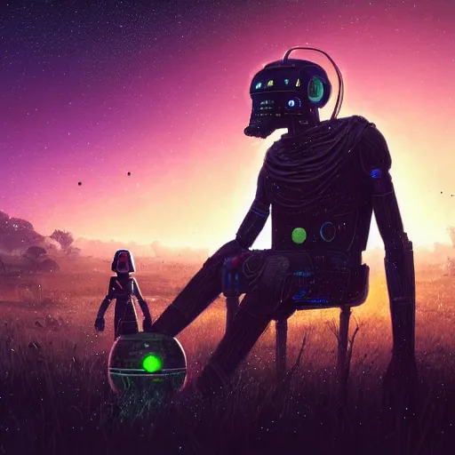 Prompt: a cyberpunk mursi elder sitting in a field under the stars with his droid in the foreground by greg rutkowski and android jones in a cyberpunk style, oil on canvas, 8k super wide angle, meteor shower