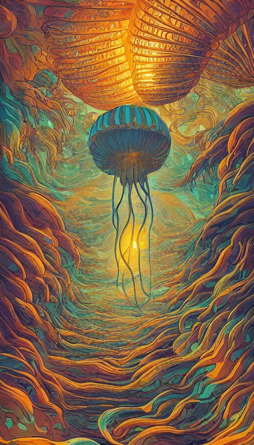 Image similar to The land of the jellyfish, italian futurism, Dan Mumford, da vinci, Josan Gonzalez