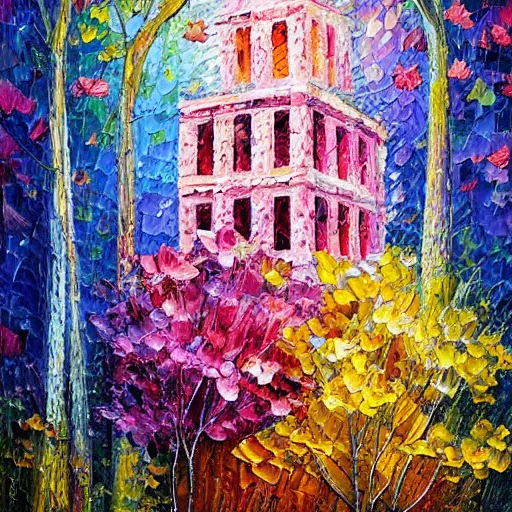 Prompt: The flower tower, oil painting, award-winning, highly detailed palette knife oil painting, thick impasto, painterly