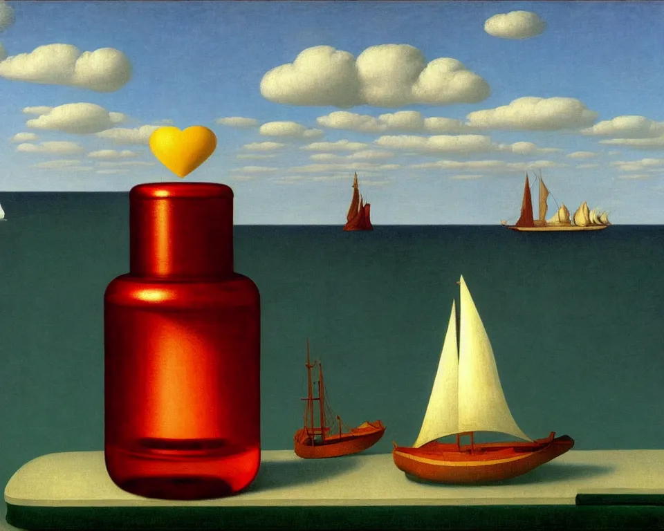 Prompt: a ship in a bottle by raphael, hopper, and rene magritte. detailed, proportional, romantic, enchanting, trending on artstation