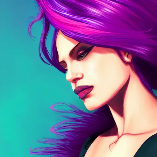 Image similar to a stunning upper body portrait of a beautiful woman with ombre purple and pink hair blowing in the wind by marvel comics, digital art, trending on artstation