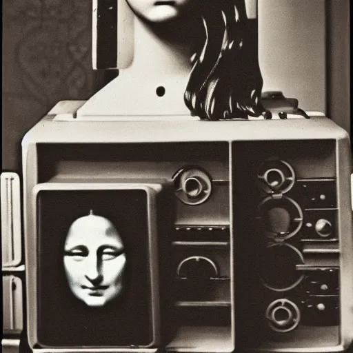 Image similar to Mona Lisa watching over ancient machines, 35mm found footage, occult underexposed photography by Edward Weston