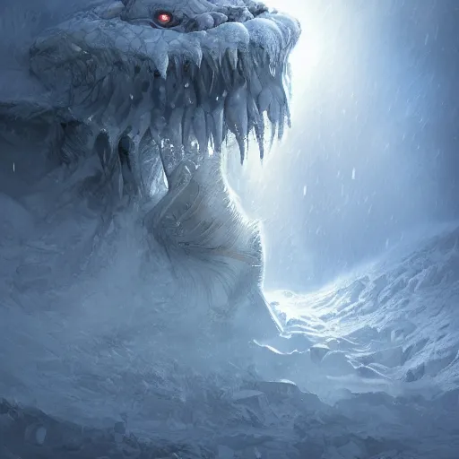 Image similar to A monster in the Arctic covered in snow, fractal Lighting, by Stanley Artgerm Lau, WLOP, Rossdraws, James Jean, Andrei Riabovitchev, Marc Simonetti, and Sakimichan, trending on artstation