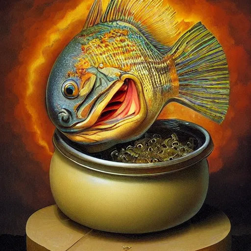 Image similar to surprised fish sitting on the top of a pile of fish, all the fish are inside a cooking pot on fire, side view, by vladimir kush, dystopian art, rococo