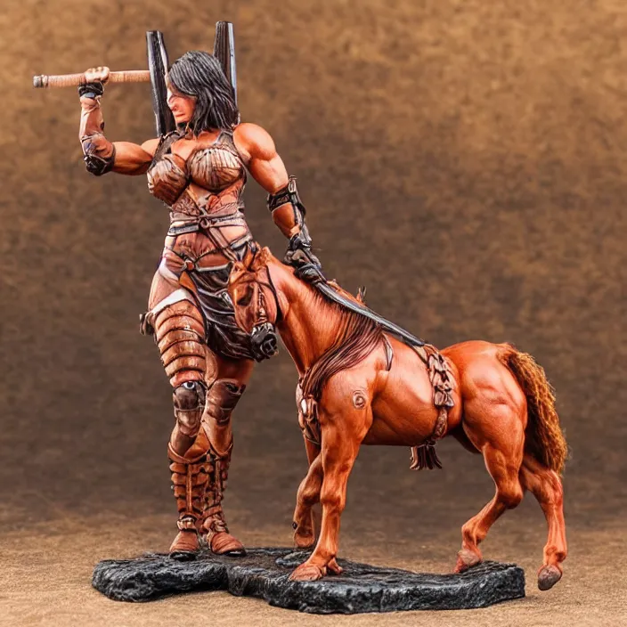 Image similar to 80mm resin detailed miniature of a Muscular Woman warrior standing next to a Horse, Product Introduction Photos, 4K, Full body, simple background
