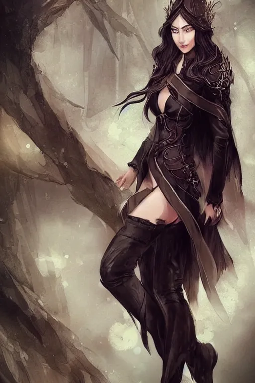 Image similar to a beatiful female elven priestess wearing thigh high black leather boots, detailed digital art in the style of Charlie Bowater