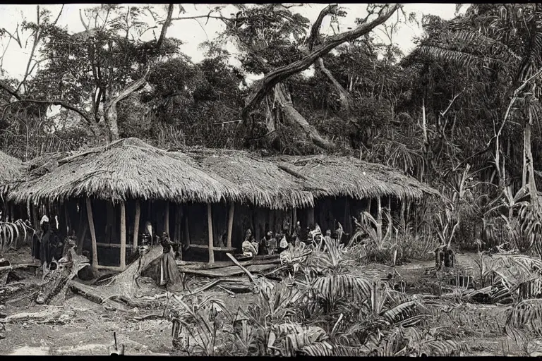 Image similar to a 1 9 0 5 colonial photograph of a african metrostation in a village at the river bank of congo, thick jungle, scary, evil looking, wide angle shot