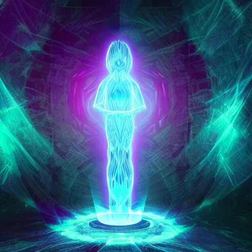 Image similar to A space wizard stand in front of giant, glowing crystal sits in the center of a dark room, Strange symbols line the walls, and a soft light glows from somewhere deep within the room, highly detailed, digital photo, HDRI, by christopher bretz and kael ngu, vivid colors, high contrast, 8k resolution, intricate, photorealistic, smooth, psychedelic color scheme, concept art, award winning, behance contest winner