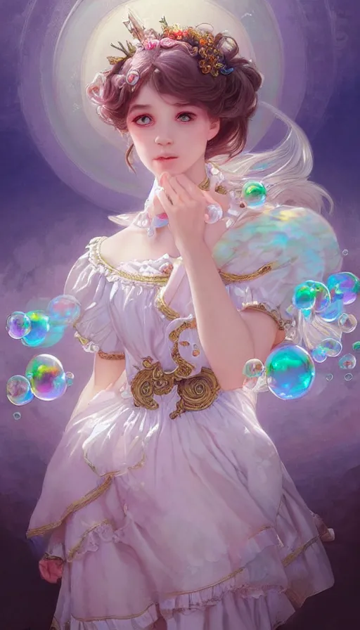Prompt: portrait of magical lolita girl, dreamy and ethereal, (colour) eyes, peaceful expression, ornate frilly dress, fantasy, intricate, elegant, rainbow bubbles, highly detailed, digital painting, artstation, concept art, smooth, sharp focus, illustration, art by artgerm and greg rutkowski and alphonse mucha