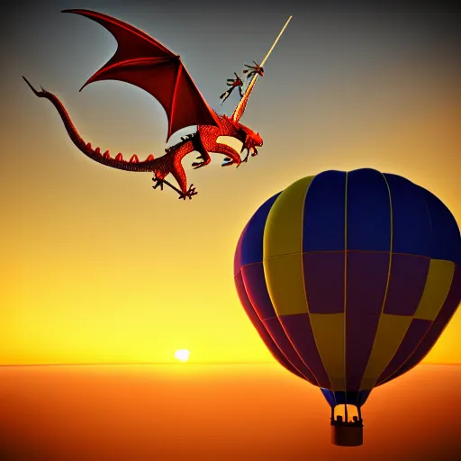 Image similar to 3D render of a medieval flying dragon attacking a hot air balloon during sunset, extremely detailed, 4K