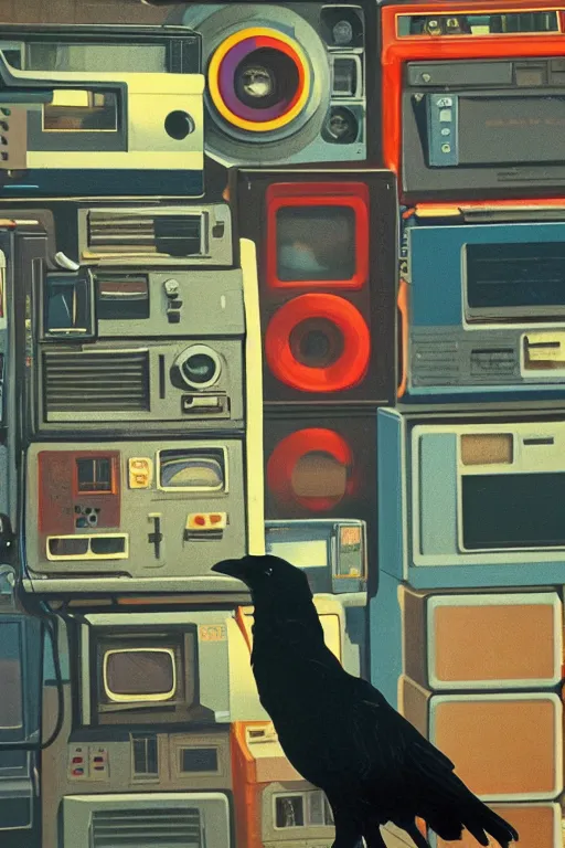 Prompt: a raven standing amongst 8 0 s era technology, vintage shapes, retro technology, dreamy color, wayne barlow, oil on canvas, deep depth of field, masterpiece, cinematic composition, hyperdetailed