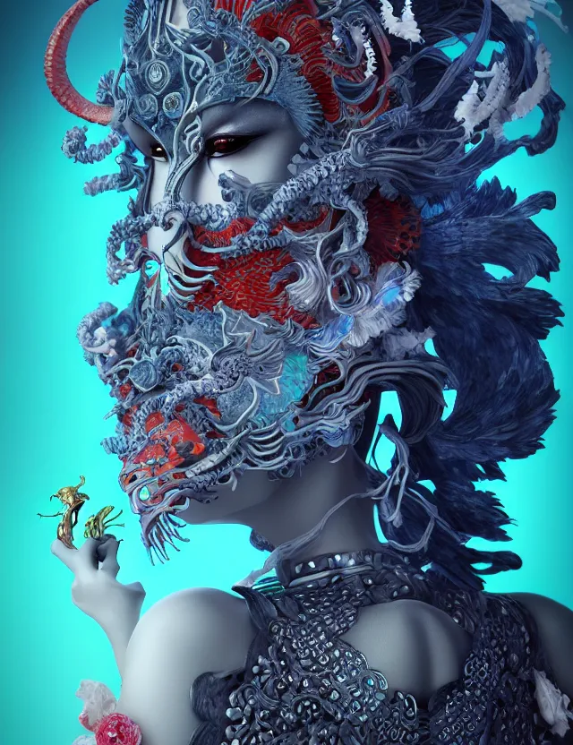 Image similar to 3 d goddess of hell close - up profile portrait with ram skull. beautiful intricately detailed japanese crow kitsune mask and clasical japanese kimono. betta fish, jellyfish phoenix, bio luminescent, plasma, ice, water, wind, creature, artwork by tooth wu and wlop and beeple and greg rutkowski