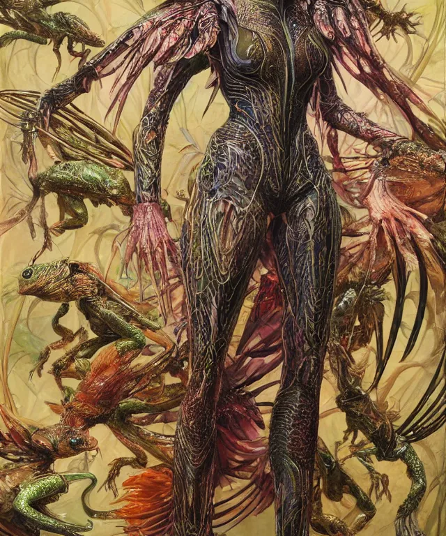 Prompt: a portrait photograph of amanda seyfried as a strong alien harpy queen with amphibian skin. she is dressed in a colorful slimy organic membrane catsuit and transforming into an bird with an armored exoskeleton. by donato giancola, walton ford, ernst haeckel, peter mohrbacher, hr giger. 8 k, cgsociety, fashion editorial