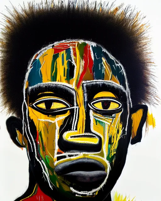 Image similar to A extremely ultra highly detailed majestic hi-res beautiful immaculate head and shoulders award winning painting stunning portrait masterpiece of the face of a strong black african man by Jean-Michel Basquiat, 8k, high textures, ultra hyper sharp, insanely detailed and intricate, super detailed, 8k HDR ultra high quality