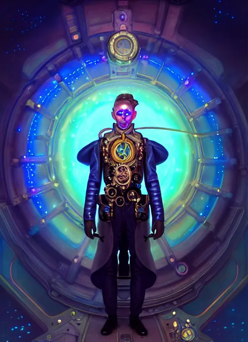 Prompt: a male steampunk faceless glowing liquefied stardust adventurer, dnd fantasy character, full body portrait, glowing neon skin, magical aura, ultra realistic, intricate, elegant, highly detailed, digital painting, artstation, smooth, sharp, focus, illustration, art by artgerm and greg rutkowski and alphonse mucha and dan mumford, sacred geometry, psychedelic