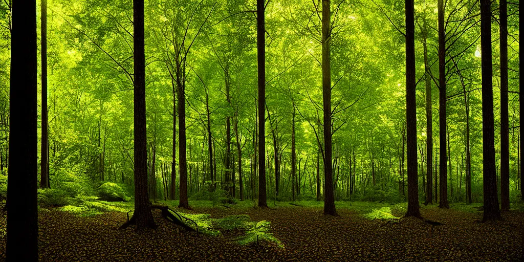 Image similar to lush american broadleaf deciduous forest, against light, glare, bright details, contrasting, daylight, highly detailed, by dieter rams 1 9 9 0, national geographic magazine, reportage photo, natural colors