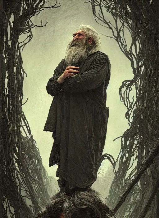 Image similar to portrait of a 6 0 year old giant man with long tangles of thinning gray hair and beard, one eye missing, wearing gray hooded cloak, hyper realistic face, two ravens above him, very low angle, fantasy art, in the style of greg rutkowski, intricate, alphonse mucha, hyper detailed, smooth